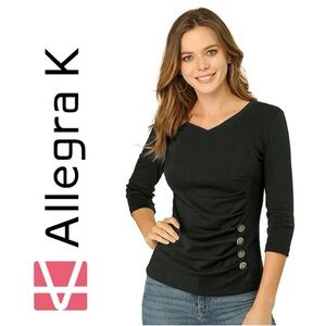 ALLEGRA K Black V-Neck 3/4 Sleeve Solid Knitted Button Decor Ruched Blouse Wmn L